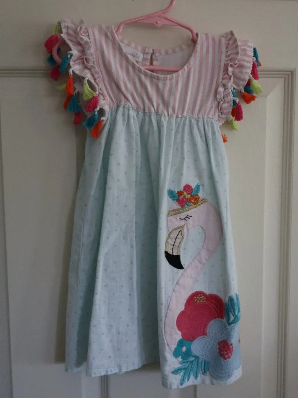 Flamingo Embroidered Sundress 5T Mudpie with tassel sleeves teal/pink/white